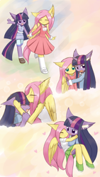 Size: 1000x1778 | Tagged: safe, artist:howxu, fluttershy (mlp), twilight sparkle (mlp), equine, fictional species, mammal, pegasus, pony, unicorn, anthro, friendship is magic, hasbro, my little pony, anthrofied, bottomwear, bridal carry, carrying, clothes, cute, dress, female, female/female, kissing, mare, shipping, skirt, twishy (mlp)