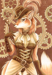 Size: 695x1000 | Tagged: safe, artist:kaceymeg, canine, fox, mammal, anthro, clothes, dress, female, gears, hat, solo, solo female, steampunk, stick, vixen
