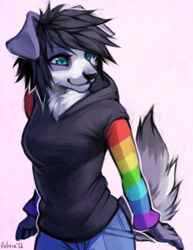 Size: 850x1100 | Tagged: safe, artist:falvie, oc, oc only, oc:vivi (aseethe), australian shepherd, canine, dog, mammal, anthro, black hair, bottomwear, clothes, commission, female, floppy ears, fluff, fur, gray body, gray fur, hair, hoodie, pants, rainbow clothes, signature, simple background, smiling, solo, solo female, tail, topwear, white background, white body, white fur