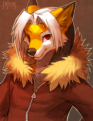 Size: 600x776 | Tagged: safe, artist:falvie, canine, fox, mammal, anthro, ambiguous gender, bust, clothes, jacket, portrait, simple background, solo, solo ambiguous, topwear