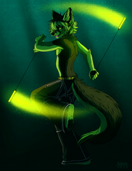 Size: 700x906 | Tagged: safe, artist:falvie, canine, mammal, anthro, ambiguous gender, bottomwear, clothes, dancing, glowstick, pants, paw pads, paws, poi, simple background, solo, solo ambiguous, underpaw