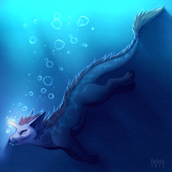 Size: 750x750 | Tagged: safe, artist:falvie, dragon, fictional species, reptile, scaled dragon, feral, bubbles, fins, horns, magic, scenery, solo, swimming, underwater, water