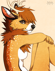 Size: 600x776 | Tagged: safe, artist:falvie, cervid, deer, mammal, reindeer, anthro, 2013, antlers, breasts, brown body, brown eyes, brown fur, brown hair, ear fluff, female, fluff, fur, hair, hands, neck fluff, nudity, simple background, sitting, smiling, solo, solo female, spotted fur, tan background, tan body, tan fur, white body, white fur