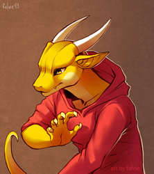 Size: 600x675 | Tagged: safe, artist:falvie, dragon, fictional species, reptile, scaled dragon, anthro, 2013, ambiguous gender, bust, claws, clothes, digital art, fangs, hoodie, horns, portrait, sharp teeth, side view, signature, simple background, solo, solo ambiguous, tail, teeth, topwear, yellow body