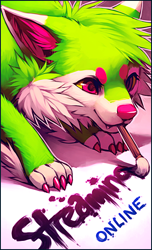 Size: 350x577 | Tagged: safe, artist:falvie, oc, oc:falvie, canine, dog, fionbri, mammal, feral, beanbrows, claws, fangs, female, fluff, fur, green body, green fur, head fluff, holding, mouth hold, neck fluff, paintbrush, painting, pink eyes, pink nose, sharp teeth, simple background, solo, solo female, teeth, text