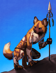 Size: 600x776 | Tagged: safe, artist:falvie, canine, dog, mammal, anthro, ambiguous gender, feather, rock, scenery, solo, solo ambiguous, spear, weapon