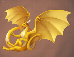 Size: 900x699 | Tagged: safe, artist:falvie, dragon, fictional species, reptile, scaled dragon, feral, ambiguous gender, horns, simple background, solo, solo ambiguous, webbed wings, wings