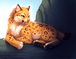 Size: 700x541 | Tagged: safe, artist:falvie, big cat, feline, mammal, saber-toothed cat, feral, ambiguous gender, blue eyes, fluff, fur, neck fluff, rock, sabertooth, sabertooth (anatomy), scenery, sky, slit pupils, solo, solo ambiguous, spotted fur, tan body, tan fur, teeth, watermark