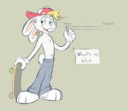 Size: 2048x1772 | Tagged: safe, artist:markybuns, lagomorph, mammal, rabbit, anthro, plantigrade anthro, 2020, bottomwear, clothes, digital art, ear piercing, floppy ears, gloves, hair, hand hold, hat, holding, male, open mouth, pants, partial nudity, paws, piercing, simple background, skateboard, slider, solo, solo male, swearing, teeth, topless, vulgar, yellow hair
