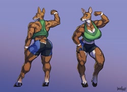Size: 4096x2987 | Tagged: safe, artist:greasymojo, cervid, deer, mammal, anthro, breasts, female, huge breasts, muscles, muscular female, solo, solo female