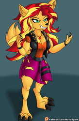 Size: 1500x2300 | Tagged: safe, artist:novaspark, sunset shimmer (mlp), canine, fictional species, mammal, werewolf, anthro, digitigrade anthro, equestria girls, friendship is magic, hasbro, my little pony, anthrofied, claws, clothes, fangs, female, implied transformation, sharp teeth, solo, solo female, tail, teeth, torn clothes