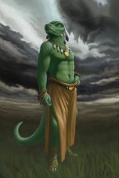 Size: 800x1200 | Tagged: safe, artist:zyonji, argonian, fictional species, reptile, anthro, the elder scrolls, cloudy, male, solo, solo male