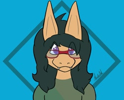 Size: 1471x1190 | Tagged: safe, artist:almaustral, oc, oc only, dragon, fictional species, anthro, abstract background, bust, clothes, eye through hair, glasses, hair, looking at you, male, signature, smiling, smiling at you, solo, solo male