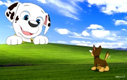 Size: 1280x808 | Tagged: safe, artist:rex100, chase (paw patrol), marshall (paw patrol), canine, dalmatian, dog, german shepherd, mammal, feral, microsoft, microsoft windows, nickelodeon, paw patrol, shingeki no kyojin, black nose, blue eyes, brown body, brown fur, butt, collar, crossover, digital art, duo, duo male, ears, eye bulges, fur, giant, looking at each other, male, males only, multicolored fur, open mouth, reference, shocked, size difference, spotted body, spotted fur, tail, tan body, tan fur, tongue, two toned body, two toned fur, white body, white fur, windows xp