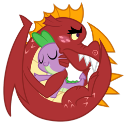 Size: 745x740 | Tagged: safe, artist:changeling #209458, garble (mlp), spike (mlp), dragon, fictional species, reptile, scaled dragon, western dragon, semi-anthro, friendship is magic, hasbro, my little pony, spoiler:gauntlet of fire (mlp:fim), .svg available, ball, blushing, cute, duo, duo male, eyes closed, freckles, hug, male, males only, on model, pointy tail, simple background, svg, tail, transparent background, vector, wings