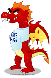 Size: 1263x1920 | Tagged: safe, artist:aleximusprime, garble (mlp), dragon, fictional species, reptile, scaled dragon, western dragon, anthro, friendship is magic, hasbro, my little pony, clothes, free hugs, male, pointy tail, sharp teeth, shirt, simple background, solo, solo male, t-shirt, tail, teeth, topwear, transparent background, unamused, wings