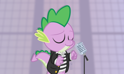 Size: 1000x600 | Tagged: safe, artist:dm29, spike (mlp), dragon, fictional species, reptile, scaled dragon, western dragon, semi-anthro, friendship is magic, hasbro, my little pony, april fools' day, clothes, eyes closed, male, meme, microphone, rick astley, rickroll, solo, solo male, tail