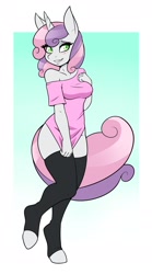 Size: 1500x2700 | Tagged: suggestive, artist:ambris, sweetie belle (mlp), equine, fictional species, mammal, pony, unicorn, anthro, unguligrade anthro, friendship is magic, hasbro, my little pony, anthrofied, blushing, border, clothes, eye through hair, eyebrows, eyelashes, female, fur, gradient background, green eyes, hair, hooves, legwear, looking at you, multicolored hair, multicolored tail, older, pink hair, pink tail, purple hair, purple tail, shirt, shirt pulled down, smiling, smiling at you, solo, solo female, tail, thigh highs, topwear, two toned hair, two toned tail, white body, white border, white fur