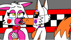 Size: 2560x1440 | Tagged: suggestive, artist:fxmaf, lolbit (fnaf), mangle (fnaf), canine, fox, mammal, anthro, five nights at freddy's, 16:9, 5 fingers, amber eyes, black sclera, blushing, breast grab, breasts, chest fluff, cleavage, colored pupils, colored sclera, crying, cute, cute little fangs, dipstick tail, drooling, duo, fangs, featureless breasts, female, female/female, floppy ears, fluff, fur, head fluff, indoors, kissing, lidded eyes, mangbit (fnaf), orange body, orange fur, pink body, pink fur, saliva, sharp teeth, submissive, submissive female, tail, teary eyes, teeth, tongue, tongue out, two toned body, vixen, wallpaper, white body, white fur, white pupils, yellow eyes
