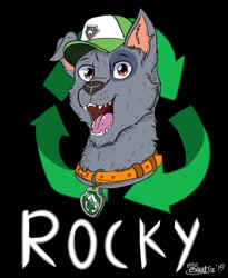 Size: 1049x1280 | Tagged: safe, artist:marcushunter, rocky (paw patrol), canine, dog, mammal, mutt, feral, nickelodeon, paw patrol, black nose, bust, cap, collar, digital art, ears, fur, gray body, gray fur, hat, looking at you, male, open mouth, orange eyes, portrait, sharp teeth, simple background, solo, solo male, tail, teeth, text, three-quarter view, tongue