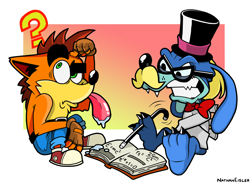 Size: 1600x1171 | Tagged: safe, artist:nathaneisler, crash bandicoot (crash bandicoot), ripper roo (crash bandicoot), bandicoot, kangaroo, mammal, marsupial, anthro, plantigrade anthro, crash bandicoot (series), angry, book, clothes, confused, drooling, duo, duo male, glasses, hat, macropod, male, males only, saliva, stick, this will not end well, unamused