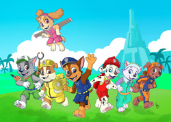 Size: 900x639 | Tagged: safe, artist:pandapaco, chase (paw patrol), everest (paw patrol), marshall (paw patrol), rocky (paw patrol), rubble (paw patrol), skye (paw patrol), zuma (paw patrol), bulldog, canine, cockapoo, dalmatian, dog, labrador, mammal, mutt, anthro, digitigrade anthro, semi-anthro, nickelodeon, paw patrol, 3 toes, beanie, black nose, blue eyes, brown body, brown eyes, brown fur, cap, clothes, collar, digital art, ears, female, flying, fur, goggles, gray body, gray fur, hat, helmet, jetpack, looking at you, male, multicolored fur, open mouth, orange eyes, paw pads, paws, pink eyes, purple body, purple fur, purple tail, running, sharp teeth, spotted body, spotted fur, suit, sweater, tail, tan body, tan fur, teeth, tongue, tongue out, topwear, two toned body, two toned fur, underpaw, waving, white body, white fur