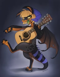 Size: 955x1232 | Tagged: safe, artist:zazush-una, oc, oc only, oc:zazush, dragon, fictional species, semi-anthro, 2020, acoustic guitar, blonde hair, claws, colored tongue, digital art, ears, female, green eyes, green tongue, guitar, hair, horns, looking at you, musical instrument, one leg raised, open mouth, paws, raised leg, signature, solo, solo female, tail, teeth, tongue, wings