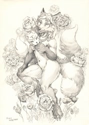 Size: 913x1280 | Tagged: suggestive, artist:scale, canine, fictional species, fox, kitsune, mammal, anthro, 2020, claws, female, flower, hair, mask, monochrome, multiple tails, nudity, signature, solo, solo female, tail, traditional art, vixen