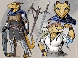 Size: 1400x1049 | Tagged: safe, artist:taborlin123, dragonborn, fictional species, kobold, reptile, anthro, dungeons & dragons, armor, female, female focus, horns, shield, size difference, solo focus, sword, tail, weapon