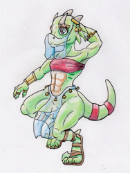 Size: 751x998 | Tagged: safe, artist:kuroneko, fictional species, kobold, reptile, anthro, digitigrade anthro, abs, bracelet, clothes, colored pencil drawing, female, horn ring, horns, jewelry, muscles, ring, sandals, shoes, simple background, solo, solo female, veil, white background