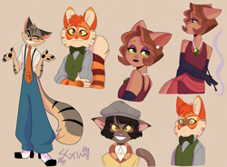 Size: 1280x940 | Tagged: safe, artist:serendipitousgrim, calvin mcmurray (lackadaisy), ivy pepper (lackadaisy), mitzi may (lackadaisy), rocky rickaby (lackadaisy), cat, feline, mammal, anthro, plantigrade anthro, lackadaisy, bow tie, cap, cigarette holder, clothes, dress, ear piercing, earring, female, grin, hat, jewelry, looking at you, male, necklace, necktie, paw pads, paws, piercing, slit pupils, smoking, tan background, topwear, vest, zoot suit