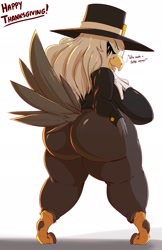 Size: 1325x2048 | Tagged: suggestive, artist:garuda_six, oc, oc only, oc:miss america (garuda_six), bird, bird of prey, eagle, anthro, 2020, big breasts, big butt, bottomless, breasts, butt, clothes, coat, dialogue, digital art, fat, feathers, female, gray feathers, hat, holiday, looking at you, looking back, looking back at you, multicolored body, nudity, open mouth, overweight, partial nudity, pilgrim, pilgrim hat, rear view, simple background, smiling, solo, solo female, standing, tail, tail feathers, talking, thanksgiving, topwear, white background, white feathers
