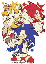 Size: 800x1116 | Tagged: safe, artist:kirby-popstar, knuckles the echidna (sonic), miles "tails" prower (sonic), sonic the hedgehog (sonic), canine, echidna, fox, hedgehog, mammal, monotreme, red fox, anthro, sega, sonic the hedgehog (series), 2019, blue eyes, dipstick tail, fluff, green eyes, group, male, males only, multiple tails, orange tail, purple eyes, quills, red tail, simple background, tail, tail fluff, team sonic (sonic), transparent background, trio, trio male, two tails, white tail