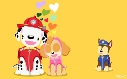 Size: 3200x2000 | Tagged: safe, artist:rex100, chase (paw patrol), marshall (paw patrol), skye (paw patrol), canine, cockapoo, dalmatian, dog, german shepherd, mammal, feral, nickelodeon, paw patrol, 8:5, betrayal, black nose, brown body, brown fur, clothes, collar, digital art, ears, female, fur, goggles, hat, heart, high res, jealous, male, minimalistic art, multicolored fur, no eyes, open mouth, police hat, shipping, simple background, sitting, spotted body, spotted fur, suit, tail, tan body, tan fur, topwear, two toned body, two toned fur, unhappy, vest, white body, white fur