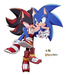 Size: 1500x1700 | Tagged: safe, artist:lenmeu, shadow the hedgehog (sonic), sonic the hedgehog (sonic), hedgehog, mammal, anthro, sega, sonic boom (series), sonic the hedgehog (series), 2015, duo, duo male, green eyes, male, male/male, males only, quills, red eyes, shipping, sonadow (sonic)