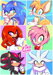 Size: 914x1280 | Tagged: safe, artist:king-hime, amy rose (sonic), knuckles the echidna (sonic), miles "tails" prower (sonic), shadow the hedgehog (sonic), silver the hedgehog (sonic), sonic the hedgehog (sonic), canine, echidna, fox, hedgehog, mammal, monotreme, red fox, anthro, sega, sonic the hedgehog (series), 2018, black body, black fur, blue body, blue eyes, blue fur, colored pupils, dipstick tail, female, fluff, fur, gray body, gray fur, green eyes, group, hair, male, multicolored fur, multicolored tail, multiple tails, orange body, orange fur, orange tail, pink body, pink fur, pink hair, purple eyes, quills, red body, red eyes, red fur, red tail, slit pupils, tail, tail fluff, tan body, two tails, two toned body, two toned fur, two toned tail, white body, white fur, white tail, yellow eyes