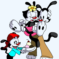 Size: 1000x1000 | Tagged: artist needed, suggestive, dot warner (animaniacs), wakko warner (animaniacs), yakko warner (animaniacs), animaniac (species), fictional species, mammal, anthro, plantigrade anthro, animaniacs, warner brothers, blue background, brother, brother and sister, brothers, butt, cherry, clothes, explicit source, female, flower, flower in hair, food, fruit, group, hair, hair accessory, hat, ice cream, male, no underwear, oh no, oops, siblings, simple background, sister, tail, tongue, tongue out, trio, uh-oh, wat, wtf