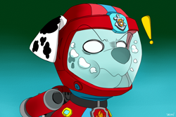 Size: 1500x1000 | Tagged: safe, artist:rex100, marshall (paw patrol), canine, dalmatian, dog, mammal, feral, nickelodeon, paw patrol, black nose, clothes, collar, digital art, drowning, ears, flooded helmet, fur, helmet, male, no pupils, solo, solo male, spotted body, spotted fur, suit, tail, this will end in death, underwater, water, white body, white fur