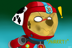 Size: 1500x1000 | Tagged: safe, alternate version, artist:rex100, marshall (paw patrol), canine, dalmatian, dog, mammal, feral, nickelodeon, paw patrol, black nose, clothes, clumsy, collar, digital art, ears, fart, fur, helmet, male, no pupils, solo, solo male, spotted body, spotted fur, suit, tail, underwater, water, white body, white fur