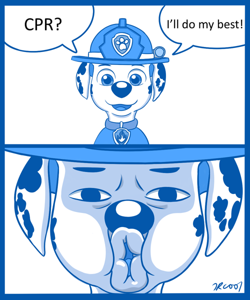 50781 - safe, artist:rex100, marshall (paw patrol), canine, dalmatian, dog,  mammal, feral, nickelodeon, paw patrol, black nose, clothes, collar, comic,  cpr, dialogue, digital art, ears, funny, fur, hat, kissing, male,  monochrome, silly,