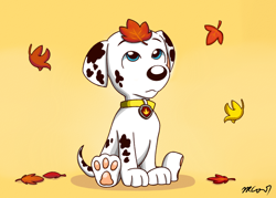 Size: 2100x1500 | Tagged: safe, artist:rex100, marshall (paw patrol), canine, dalmatian, dog, mammal, feral, nickelodeon, paw patrol, autumn, black nose, blue eyes, collar, digital art, ears, eyebrows, fur, leaf, looking up, male, paw pads, paws, simple background, sitting, solo, solo male, spotted body, spotted fur, tail, underpaw, white body, white fur