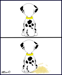 Size: 2500x3000 | Tagged: safe, artist:rex100, marshall (paw patrol), canine, dalmatian, dog, mammal, feral, nickelodeon, paw patrol, butt, collar, comic, digital art, ears, fart, fur, high res, male, paws, rear view, simple background, sitting, solo, solo male, spotted body, spotted fur, tail, white background, white body, white fur