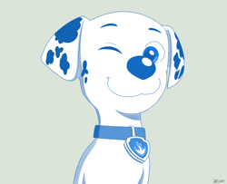Size: 1230x1000 | Tagged: safe, artist:rex100, marshall (paw patrol), canine, dalmatian, dog, mammal, feral, nickelodeon, paw patrol, black nose, blue eyes, collar, digital art, ears, eyebrows, fur, looking at you, male, monochrome, one eye closed, simple background, sitting, solo, solo male, spotted body, spotted fur, tail, white body, white fur, winking