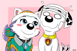 Size: 1500x1000 | Tagged: safe, artist:rex100, everest (paw patrol), marshall (paw patrol), canine, dalmatian, dog, husky, mammal, nordic sled dog, feral, nickelodeon, paw patrol, bandage, beanie, black nose, blue eyes, blushing, clothes, collar, cuddling, digital art, duo, ears, eyebrows, eyelashes, female, fur, hat, hug, male, male/female, monochrome, no pupils, purple body, purple fur, shipping, simple background, spotted body, spotted fur, suit, sweat, sweater, tail, tail wag, topwear, white body, white fur
