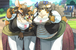 Size: 800x533 | Tagged: safe, artist:zenimakitchen, oc, oc only, cervid, deer, mammal, anthro, 2020, breasts, brown body, brown eyes, brown fur, brown hair, cleavage, clothes, digital art, dress, fat, female, fur, gesture, gray hair, hair, huge breasts, looking at you, multicolored fur, obese, open mouth, peace sign, smiling, smiling at you, tan body, tan fur, trio, trio female