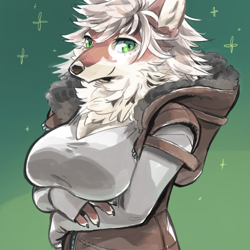Size: 800x800 | Tagged: species needed, safe, artist:zenimakitchen, canine, mammal, anthro, 2020, breasts, brown body, brown fur, clothes, digital art, female, fluff, fur, green eyes, hair, jacket, looking at you, multicolored fur, neck fluff, smiling, smiling at you, solo, solo female, topwear, white body, white fur, white hair