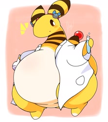 Size: 1399x1579 | Tagged: safe, artist:takisan_oekaki, ampharos, fictional species, mammal, semi-anthro, nintendo, pokémon, 2020, ambiguous gender, brown body, brown fur, brown sclera, colored sclera, digital art, fat, fur, lab coat, looking at you, multicolored fur, obese, side mouth, solo, solo ambiguous, striped fur, tan body, tan fur, test tube, yellow body, yellow fur
