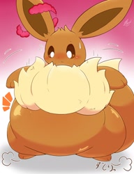 Size: 1270x1650 | Tagged: safe, artist:takisan_oekaki, eevee, eeveelution, fictional species, mammal, semi-anthro, nintendo, pokémon, 2020, ambiguous gender, big belly, blushing, brown body, brown fur, brown sclera, colored sclera, digital art, fat, fluff, fur, japanese text, obese, solo, solo ambiguous, translation request