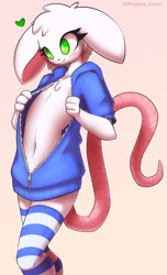 Size: 1762x2892 | Tagged: safe, artist:whygena, oc, oc only, oc:reggie (whygena), mammal, rodent, anthro, chest fluff, clothes, fluff, green eyes, hairless tail, heart, hoodie, legwear, male, smiling, solo, solo male, striped clothes, striped legwear, tail, thigh highs, topwear
