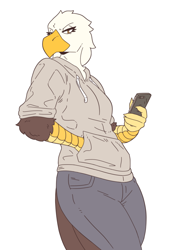 Size: 640x901 | Tagged: safe, artist:slightlysimian, oc, oc only, bird, bird of prey, eagle, anthro, cell phone, clothes, female, hoodie, looking at you, phone, solo, solo female, topwear